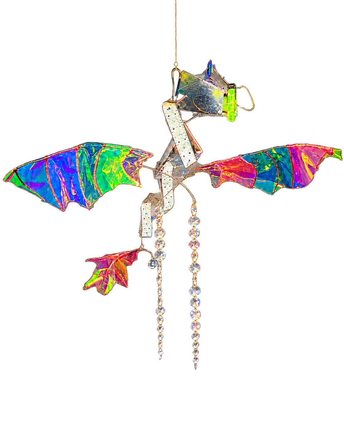 Colourful dragon sculpture flying between four material universes